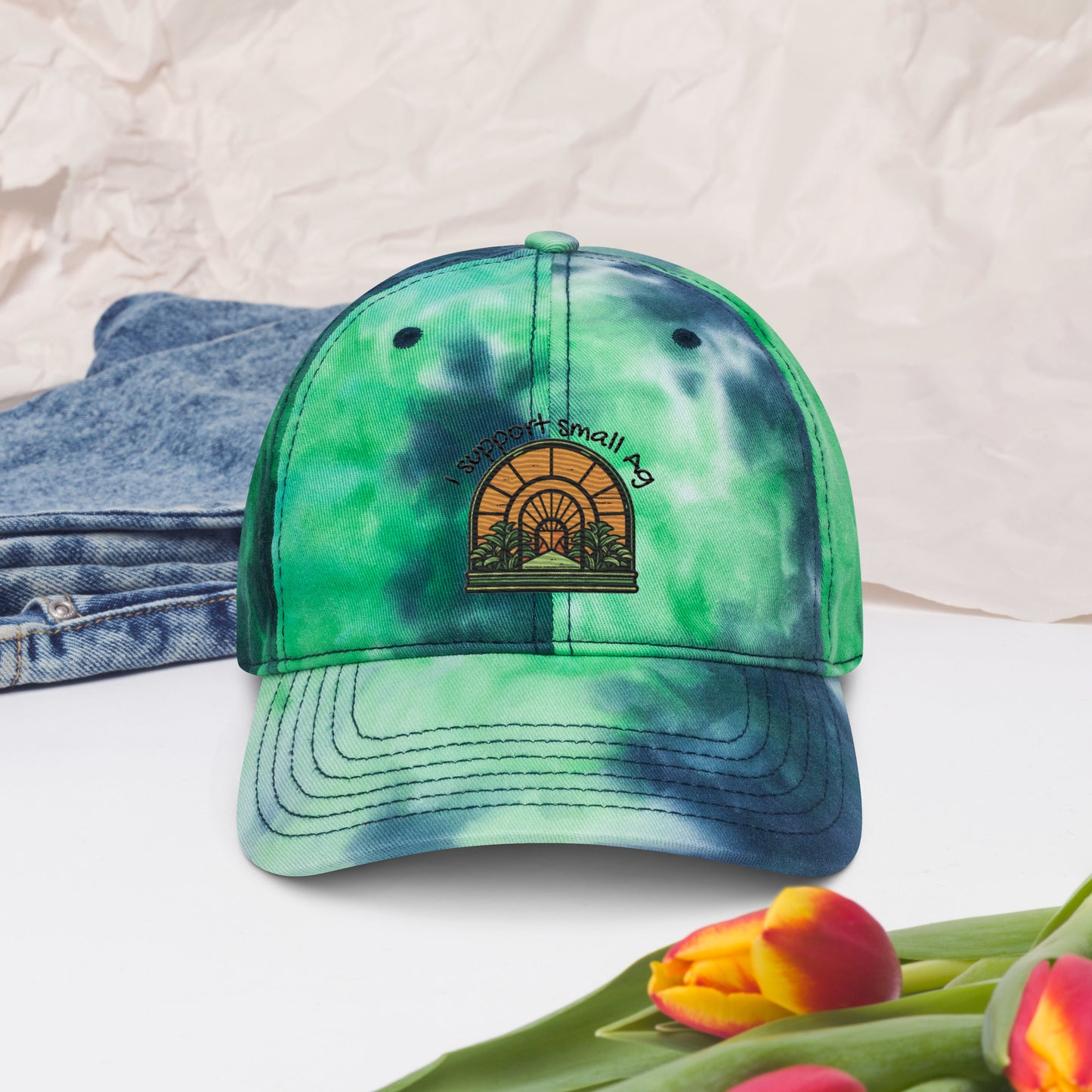 Tie dye hat: I Support Small Ag